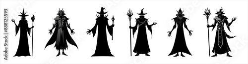 Set of Black silhouettes of wizards isolated on a white background. Concept of Halloween, evil sorcerer, magic fantasy character, cast spells, minimalist style, print, design element. Clip art