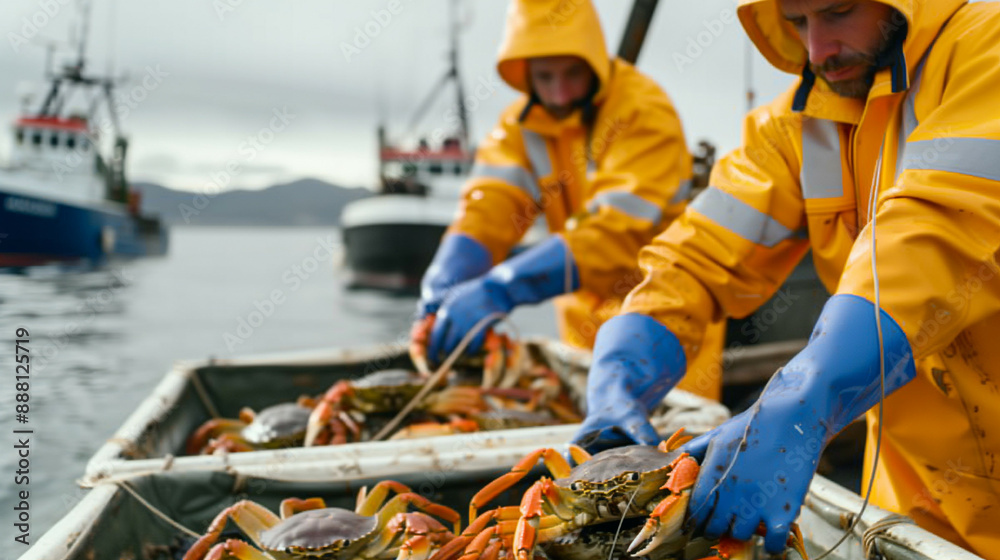 Wide-angle shot of a crew working together to hoist a large catch of crabs onto the boat, highlighting collaboration 