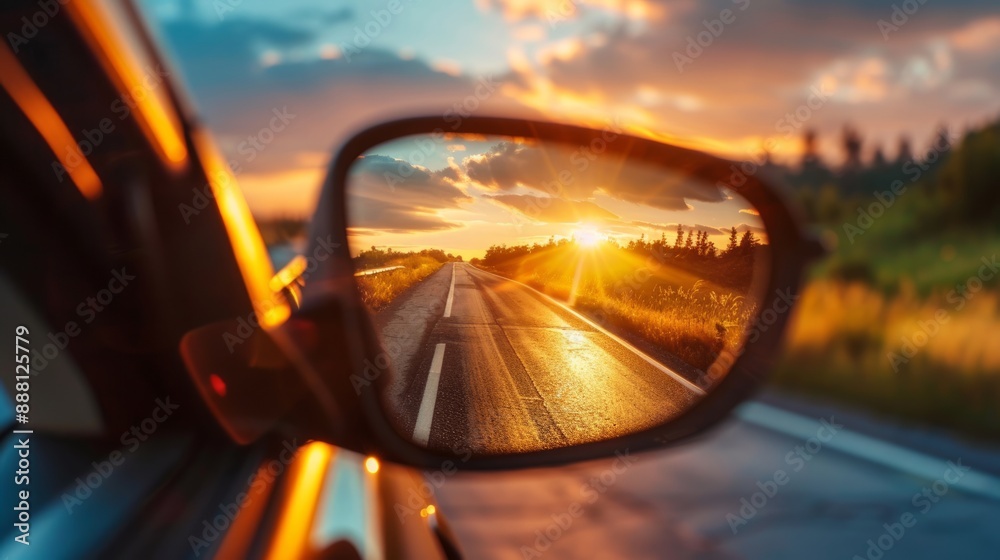 Sunset Road Reflected in Rearview Mirror