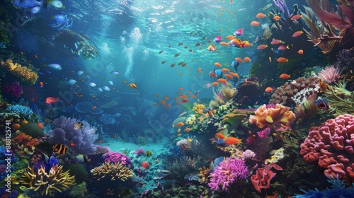 An enchanting underwater view near Pitcairn Islands island in UK, showcasing the vibrant marine life and coral reefs