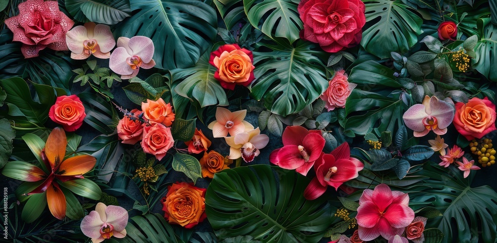 Colorful Tropical Flowers and Lush Green Leaves Arranged on a Dark Background Colorful Tropical Flowers and Lush Green Leaves Arranged on a Dark Background