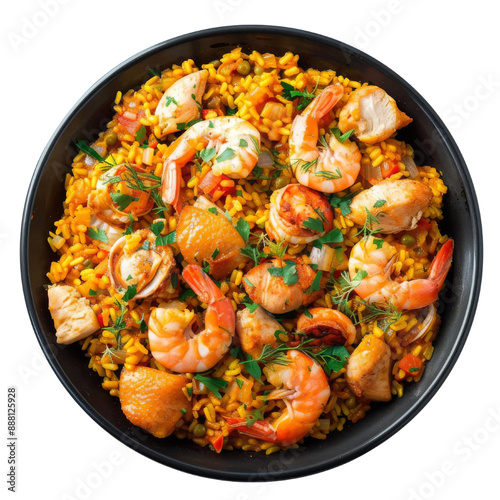 A close-up of a bowl of paella with shrimp, chicken, and vegetables.