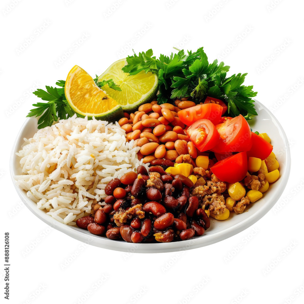 A colorful and delicious rice bowl with beans, corn, tomato, and meat. A colorful and delicious rice bowl with beans, corn, tomato, and meat.