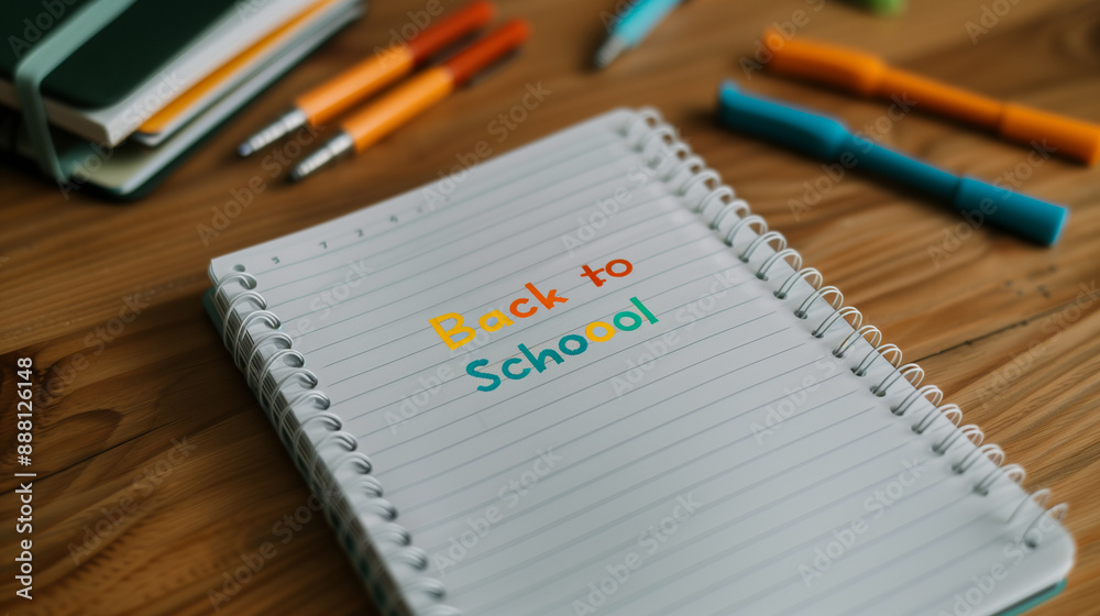 Back to School written on an open notebook with colored pencils on a school desk Back to School written on an open notebook with colored pencils on a school desk