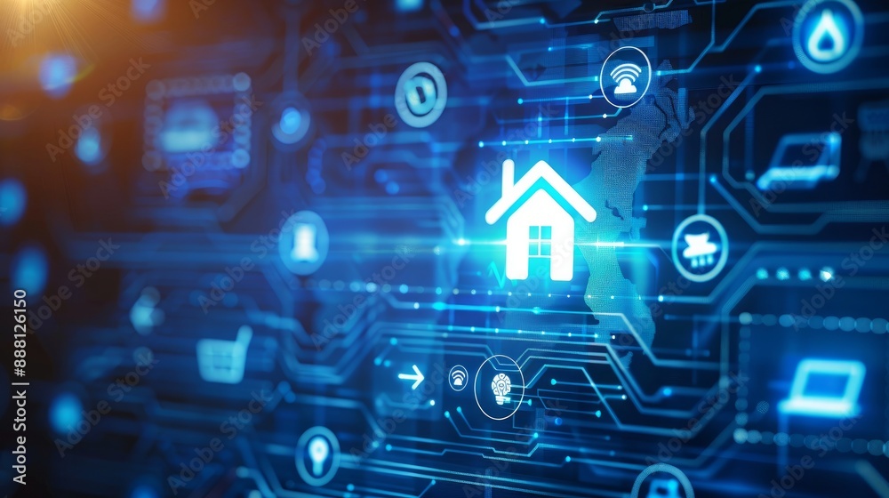 Conceptual banner featuring linked icons for smart home technology Conceptual banner featuring linked icons for smart home technology