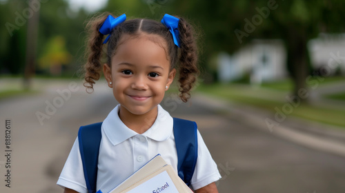  little girl first day of school in white blue uniform with backpack and book Back to school