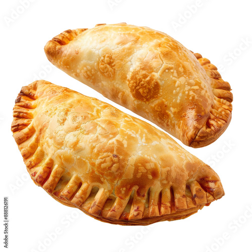 Two golden brown empanadas with a flaky crust,  isolated on a white background.