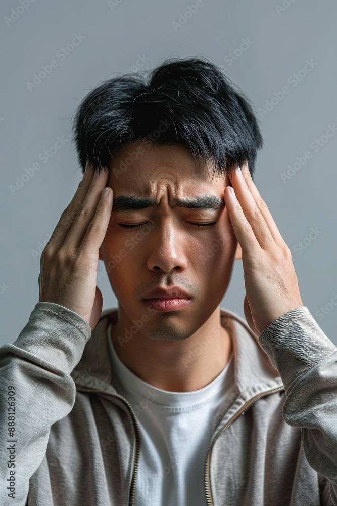 Portrait of upset sad depressed man in living room at home alone suffering from headache. Portrait of upset sad depressed man in living room at home alone suffering from headache.
