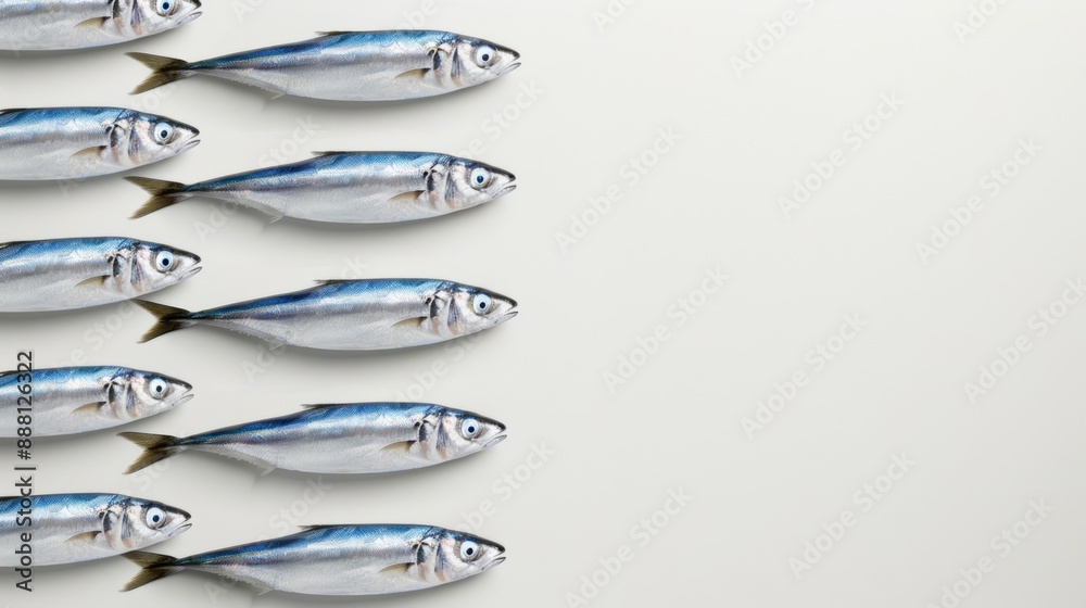 Wide-angle shot of a neat row of sardines aligned perfectly on a white surface, creating a clean and minimalistic pattern Wide-angle shot of a neat row of sardines aligned perfectly on a white surface, creating a clean and minimalistic pattern
