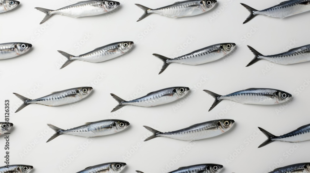 Wide-angle shot of a neat row of sardines aligned perfectly on a white surface, creating a clean and minimalistic pattern Wide-angle shot of a neat row of sardines aligned perfectly on a white surface, creating a clean and minimalistic pattern