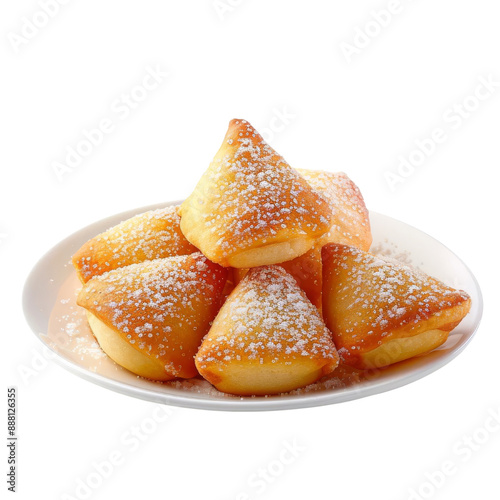 A plate of golden fried dough pastries dusted with powdered sugar.