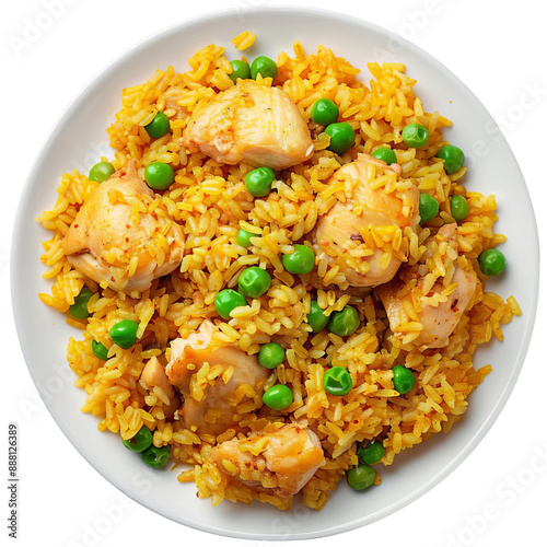 Close up of a plate of chicken and peas over yellow rice.