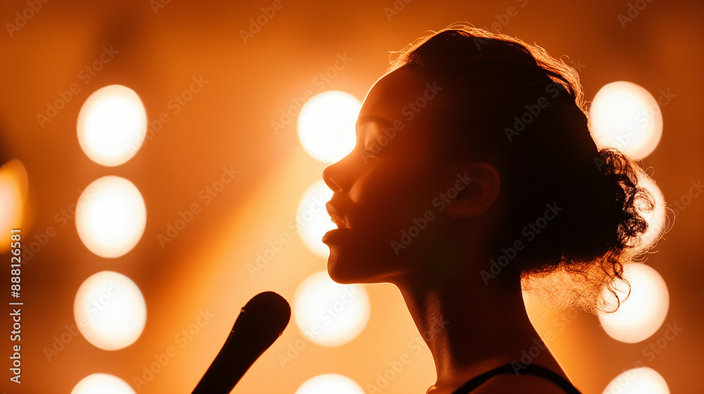 Wide-angle shot of a talent portion, with a contestant singing passionately, spotlight highlighting her performance Wide-angle shot of a talent portion, with a contestant singing passionately, spotlight highlighting her performance
