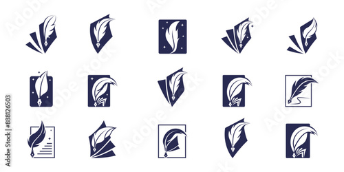 Set of book story feather logo design collection. Minimalist feather ink logo design inspiration.