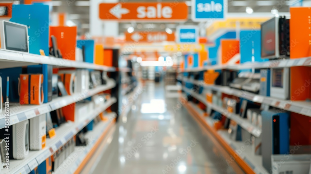 Wide-angle shot of an electronics store with bright word sale signs above various gadgets and devices Wide-angle shot of an electronics store with bright word sale signs above various gadgets and devices