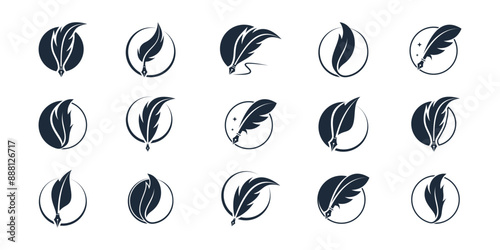 Set of quill signature logo design. Minimalist feather ink logo design inspiration.