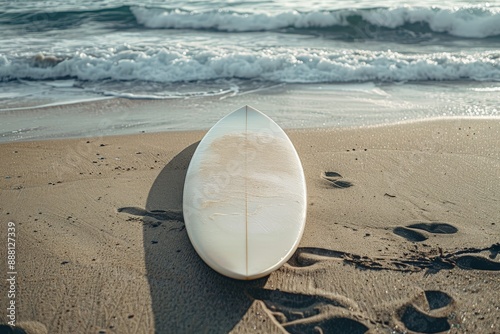 Blank surfboard on a sandy beach with waves in the background photo