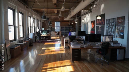 Wide shot of a tech startup workspace. 