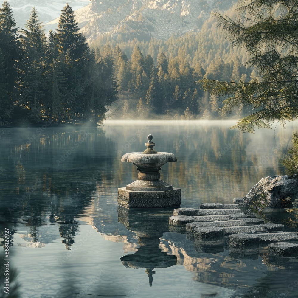 The peaceful morning lake, surrounded by forest and mountains, features a stone pedestal display on the water, creating a serene setting for a cosmetics shoot. The peaceful morning lake, surrounded by forest and mountains, features a stone pedestal display on the water, creating a serene setting for a cosmetics shoot.