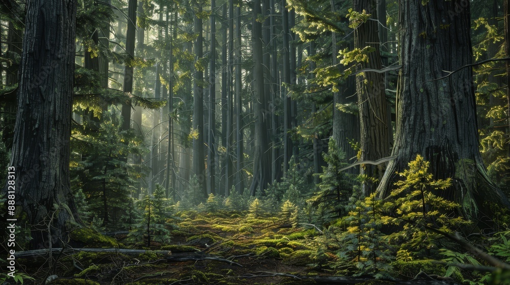 Fototapeta premium Wide shot of an old-growth forest with towering trees. 