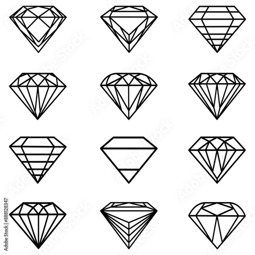 Set of diamonds in flat style. Linear outline icon. Different forms of cutting - cushion, radiant, princess, usher, emerald, heart, oval, trilliant, marquise, pear. Side view. Jewelry logo design
