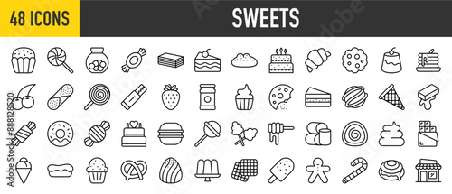 48 Sweets icon set. Honey Jar, Toffee, Swirl, Birthday Cake, Chocolate Bar, Piece Of Cake, Cookie, Donuts, Cake Slice, Brigadeiro, Cotton Candy, Wafer and Honey collection.

