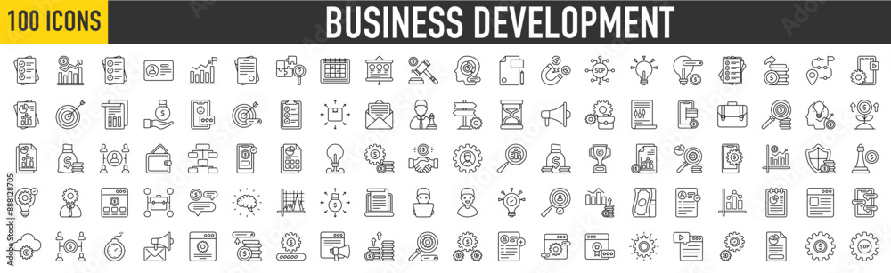 100 Business development icon set. Innovation, Data Visualization, Market Trends, Development, Investing, Legal, Route, Wallet, Creative, Business and Organization collection.
100 Business development icon set. Innovation, Data Visualization, Market Trends, Development, Investing, Legal, Route, Wallet, Creative, Business and Organization collection.