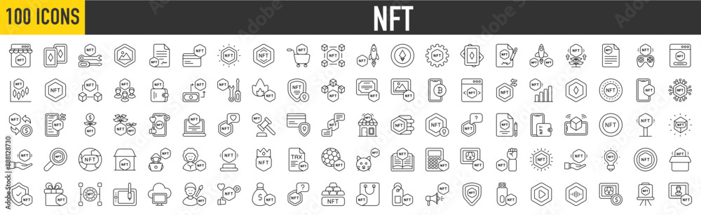 100 NFT icon set. Ownership, Marketing, Game, Trading Card, Store, Exchange, Wallet, Ethereum, Art , , Smartphone, Shopping Cart, Token, License, ATM and Card collection.	

