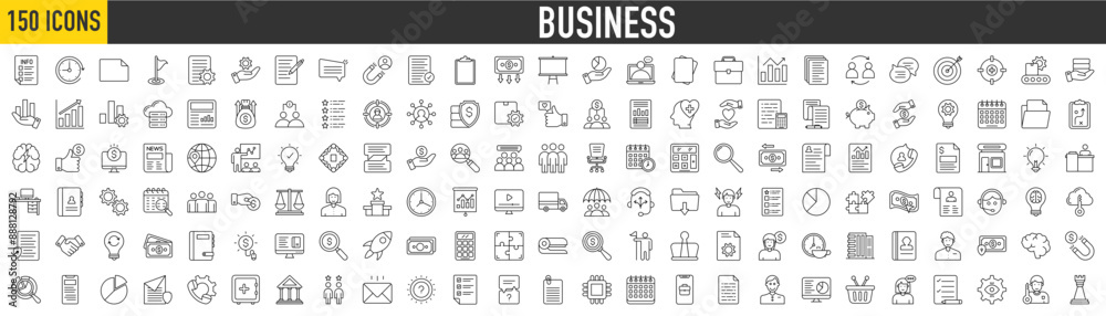 150 Business icon set. Working Hours, Blank Paper, Management Service, Mission, Investment, Clipboard, Dialogue Box, Management Service, Contract, Price Down, Attract Customers collection. 150 Business icon set. Working Hours, Blank Paper, Management Service, Mission, Investment, Clipboard, Dialogue Box, Management Service, Contract, Price Down, Attract Customers collection.