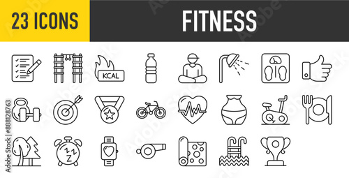 23 Fitness icons set. Plan, Jungle Gym, Cardio, Darts, Healthy Food, Calorie, Bike, Thumb, Water, Medal, Cycling, Sleep, Shower, Weight Scale, Outdoor and Smartwatch collection.
