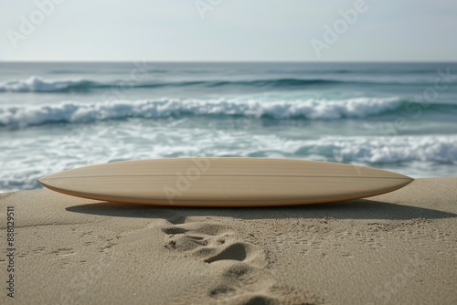 Blank surfboard on a sandy beach with waves in the background photo