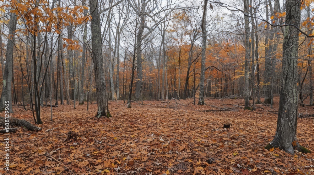 Wide view of a forest with autumn leaves. Wide view of a forest with autumn leaves.