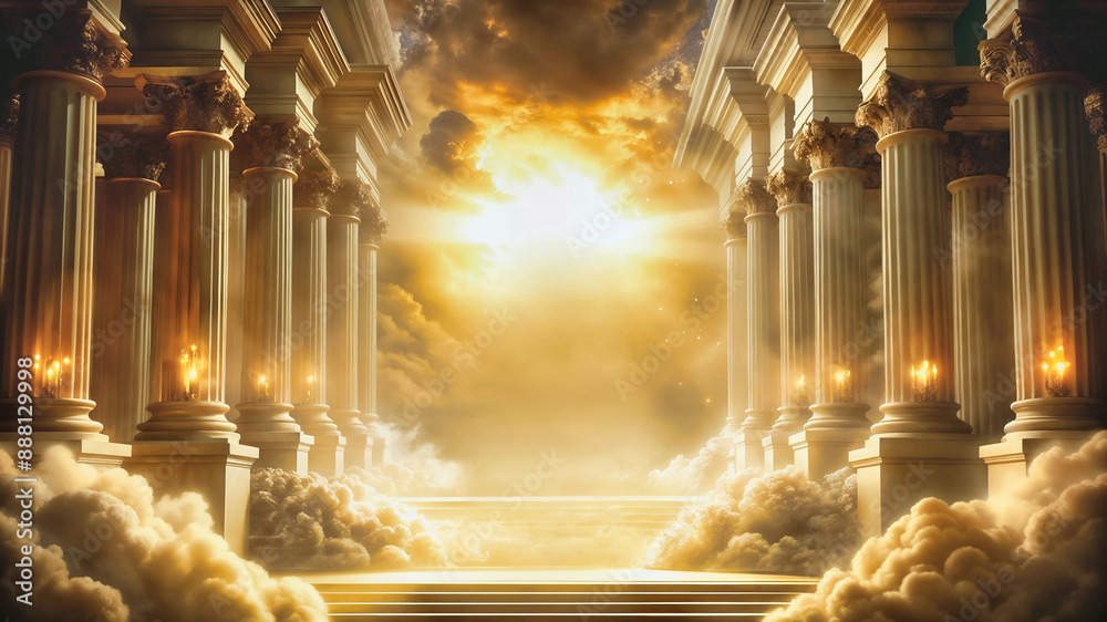 Fototapeta premium Celestial Sanctuary with tall pillars environment with clouds and fog effects illustration