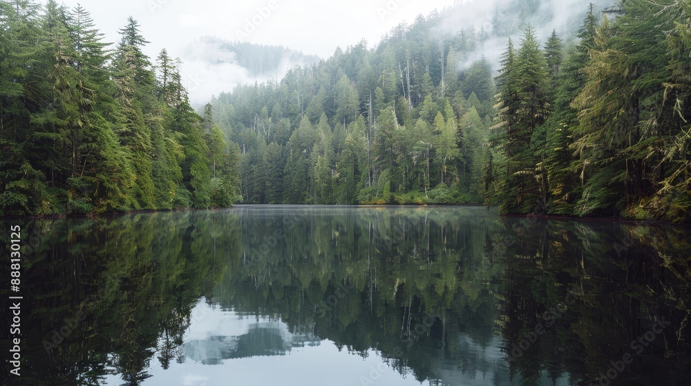 Wide view of a lake surrounded by forest Wide view of a lake surrounded by forest