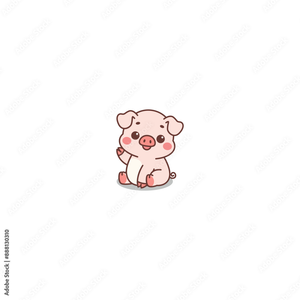 Cute pig sitting and waving paw cartoon, vector illustration Cute pig sitting and waving paw cartoon, vector illustration