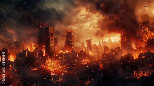 A fiery apocalypse scene with buildings engulfed in flames, depicting a dramatic and intense landscape of destruction and chaos. high quality