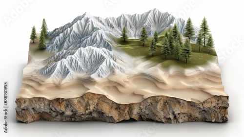 3D illustration of mountainous terrain with snow-capped peaks, grassy area, and pine trees, isolated on a white background. photo