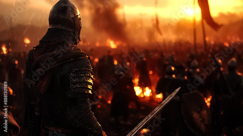 Wallpaper Mural A medieval knight in armor watches an epic battle at sunset, with soldiers and fire in the background, exuding intensity and courage. high quality Torontodigital.ca