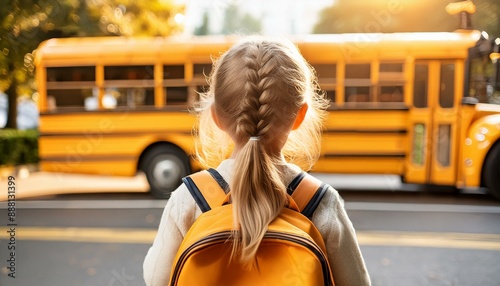 Back of a little girl waiting outside for the school bus to go back to school with her backpack; close up, elementary, warm tone