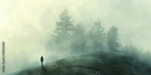 The Lost Vision: A misty landscape obscures the once grand view, as a solitary figure struggles to find their way.