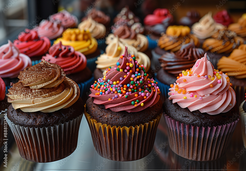 Colorful and fancy cupcakes were arranged on display, featuring colorful frosting, sprinkles, nuts, chocolate icing and various designs Colorful and fancy cupcakes were arranged on display, featuring colorful frosting, sprinkles, nuts, chocolate icing and various designs