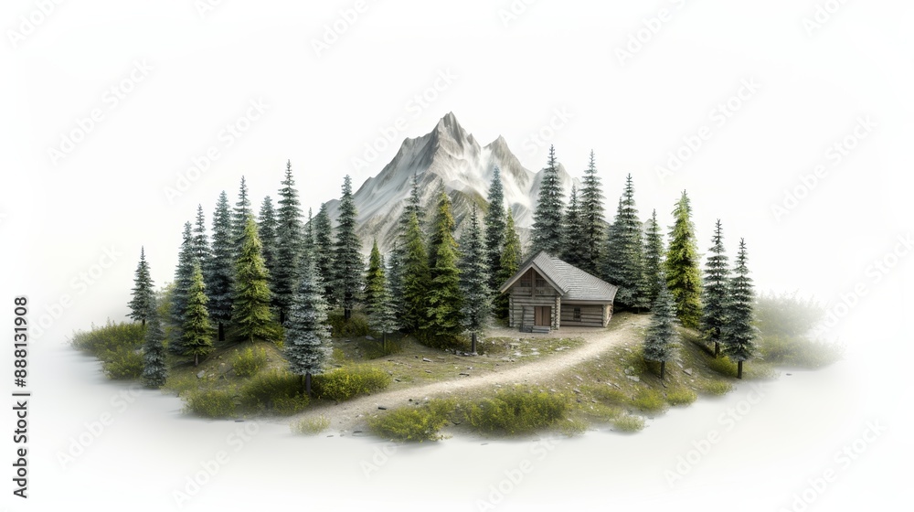 Fototapeta premium Scenic mountain cabin surrounded by pine trees with a snowy peak in the background and a winding path leading up.