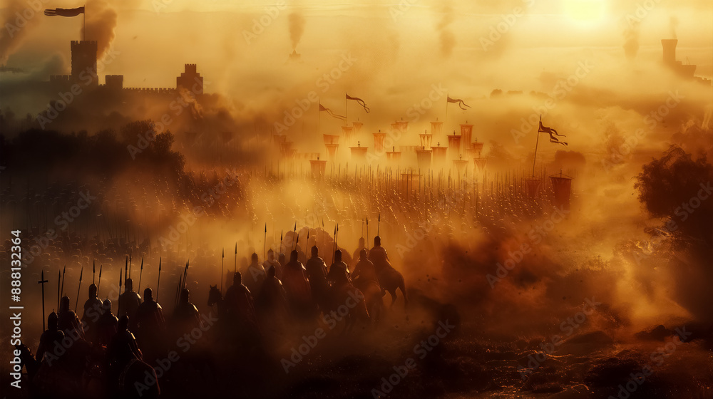 Dramatic scene of medieval knights on horseback in a misty battlefield at sunrise, with a distant castle and flags waving in the background. high quality Dramatic scene of medieval knights on horseback in a misty battlefield at sunrise, with a distant castle and flags waving in the background. high quality