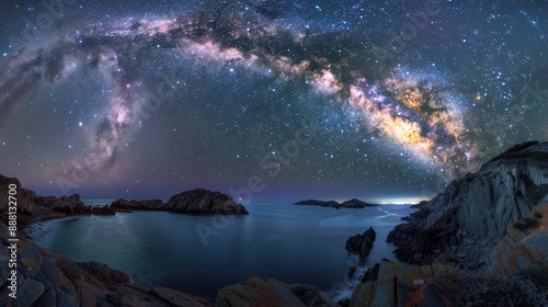 A panoramic view of a starry sky over the ocean, with the Milky Way reflecting on the water.