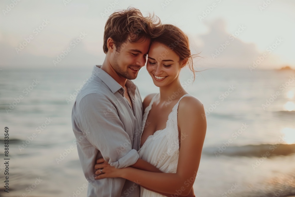 Romantic couple embracing on beach during sunset, love concept Romantic couple embracing on beach during sunset, love concept
