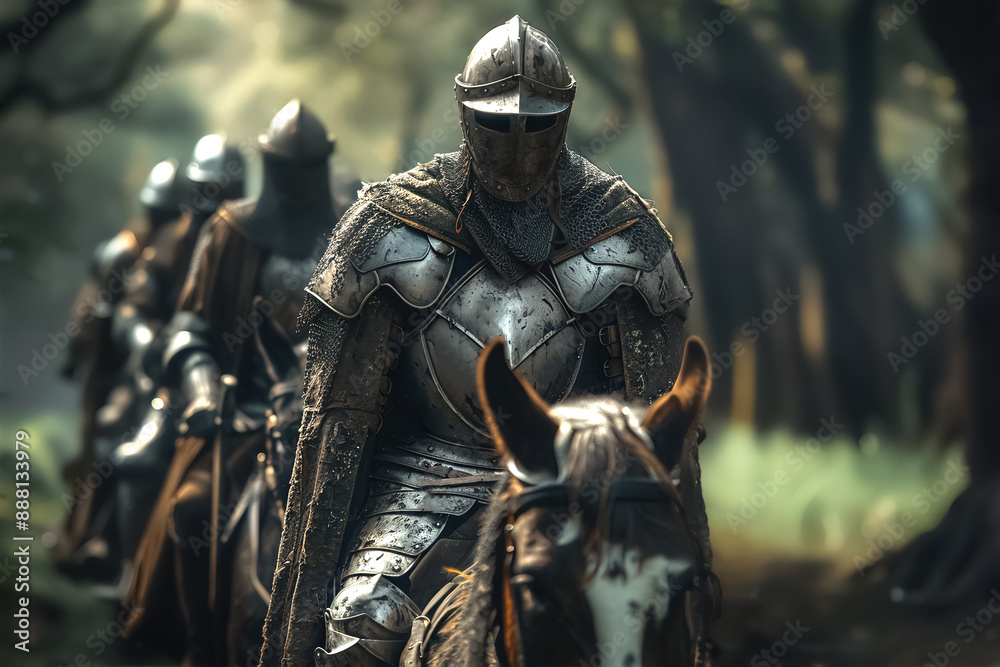 Medieval knights in shining armor on horseback riding through a dense forest under dappled sunlight. high quality Medieval knights in shining armor on horseback riding through a dense forest under dappled sunlight. high quality