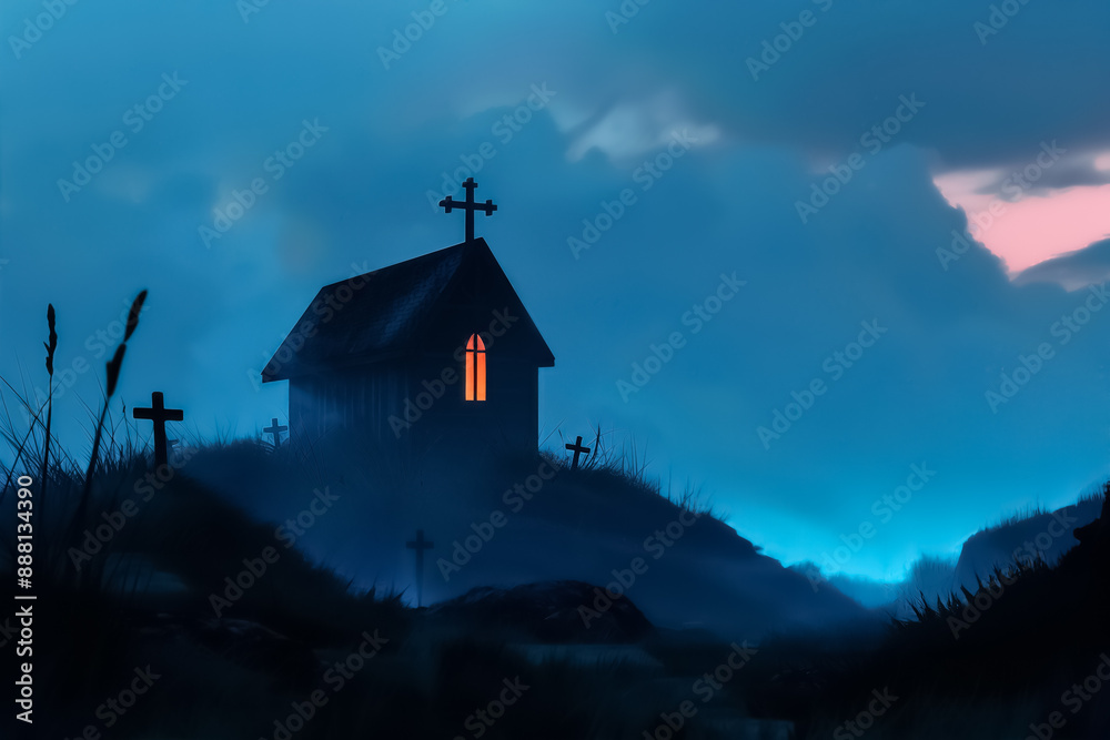 Moody gothic church silhouette against a foggy night sky with glowing window, offering a haunting, mysterious atmosphere. high quality Moody gothic church silhouette against a foggy night sky with glowing window, offering a haunting, mysterious atmosphere. high quality