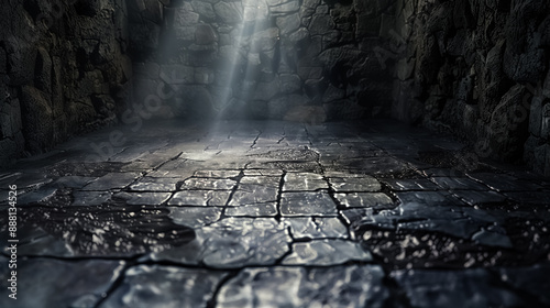 Mysterious dark dungeon with stone floor illuminated by a single beam of light through cracks. Gothic medieval architecture. high quality photo