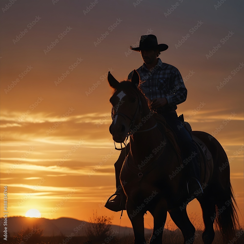 Cowboy silhouette on horse at sunset Cowboy silhouette on horse at sunset