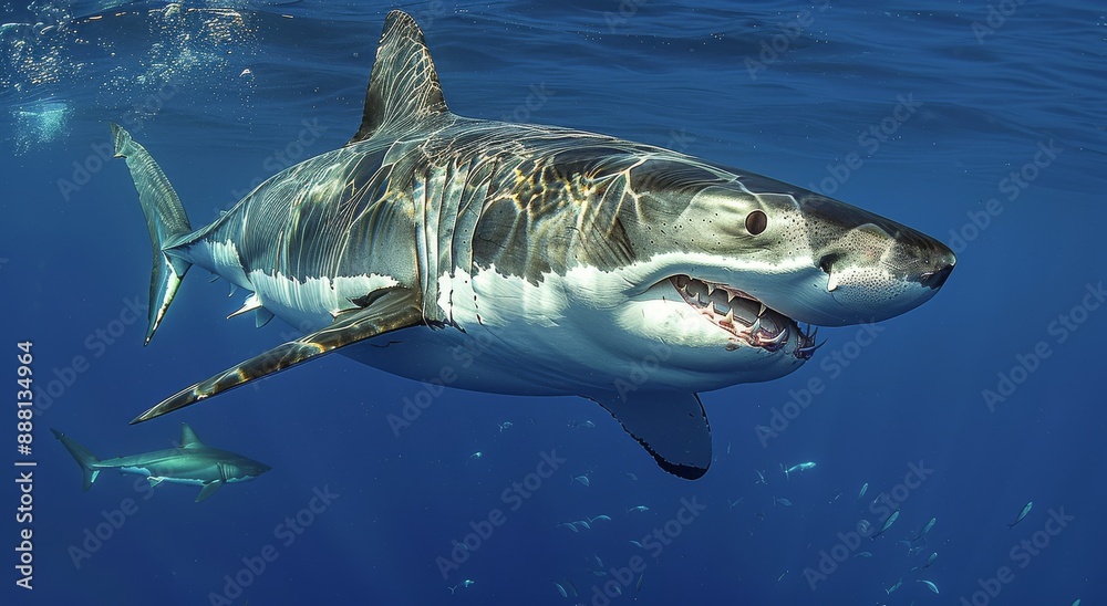 Naklejka premium Great White Shark Swimming Underwater With Open Mouth